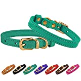 BRONZEDOG Leather Cat Collar with Buckle Adjustable Small Pet Collars for Kitten Black Brown Pink Purple Red Turquoise (Neck Size 9" - 11", Green)