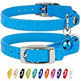 CollarDirect Leather Cat Collar, Cat Safety Collar with Elastic Strap, Kitten Collar for Cat with Bell Black Blue Red Orange Lime Green (Neck Fit 9"-11", Light Blue)