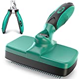 Ruff 'N Ruffus Self-Cleaning Slicker Brush With NO- PAIN Bristles Gently Removes Loose Undercoat & Tangled Hair For Cats & Dogs Reduces Shedding by 95% +Pet Nail Clipper