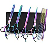 Moontay Professional Dog Grooming Scissors Set, 7 Inch/8 Inch Pet Grooming Scissors Chunkers Shears for Dog, Curved Dog Grooming Scissors, Thinning Shears for Dog with Grooming Comb