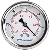 UHARBOUR Glycerin Filled Vacuum Pressure Gauge, 2-1/2" Clear dial,1/4"NPT Back Connection, Stainless Steel Case, Brass Movement, Dual Scales -30inHg/-1BAR-0