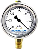 Harrington 52895686 2-1/2" Liquid Filled Vacuum Gauge -30 inHg/0 psi 304 Stainless Steel with Vented Fill Plug 1/4" NPT Bottom Mount Industrial Grade A +/- 2/1/2% Accuracy ASME B40.100 Model 213.53