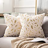MIULEE Pack of 2 Decorative Throw Pillow Covers Plush Faux Fur with Gold Feathers Gilding Leaves Cushion Covers Cases Soft Fuzzy Cute Pillowcase for Couch Sofa Bed, 18 x 18 Inch, Ivory