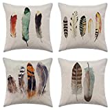 WFLOSUNVE Farmhouse Feather Decorative Throw Pillow Covers 18"x 18" Set of 4, Faux Linen Rustic Pillow Case Cushion Cover for Bed and Couch