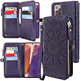 Harryshell [10 Card Slots] with [Block Theft Card Scanning] Function, PU Leather Flip Wallet Case Cover Zipper Pocket Wrist Strap Kickstand for Samsung Galaxy Note 20 2020 6.7 Inch (Floral Purple)