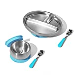 Avanchy Stainless Steel Baby, Toddler Feeding Divided Plate + Bowl + 2 Spoons Giftset. Infant, Kid or Child Gift. 18/8, BPA Free, BPS Free, Blue