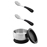 Avanchy Stainless Steel Baby Bowl + First Stage Baby Feeding Spoons. Strong Suction and Travel Storage lids. (Black)
