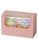 Yotruth 50 Packs Cupcake Boxes For Two Holders 3.5" x 7" x 3.5" Pink Auto-Popup Bakery Boxes,Two Mini Cupcakes Carrier