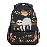 Wamika Funny Cute Sloth Tree Flowers Kids Backpack School Bookbags Daypack Bag Follow Yours Dreams Water Resistant, Sloth Cat Tropical Floral Bags Children Backpack for 1th- 6th Grade Girls Boys