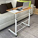 Snack Table Rolling Sofa Side End Table C-Shaped Breakfast TV Tray Bedside Table Height Adjustable Laptop Desk with Wood Tabletop and Metal Frame (31.5" L x 15.75" W) - Brown/L