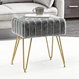 Modern Mink Square Footstool Ottoman Bench, Grey Faux Fur Vanity Stool with Gold Legs, Comfy Vanity Chair Entryway Bench, Makeup Stools for Vanity, Plush Fluffy Footrest for Bedroom, Living Room