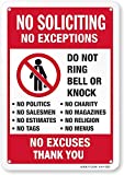 No Soliciting Sign, Funny Decor for House Door Office Business Yard,Metal Aluminum Rust Free, No Excuses, No Exceptions Do Not Ring Bell No Knock Sign - 7" x 9.8", Pre-Drilled Holes, Weather Resistant