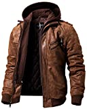 FLAVOR Men Brown Leather Motorcycle Jacket with Removable Hood (X-Large (US standard), Brown)