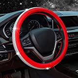 New Diamond Leather Steering Wheel Cover with Bling Bling Crystal Rhinestones, Universal Fit 15 Inch Anti-Slip Wheel Protector for Women Girls,Red