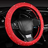 Women Fashion Red Velvet Bling Steering Wheel Cover with Red Diamonds, 15 inch Standard Glitter Rhinestone Car Wheel Cover Sparkling, Full Covered