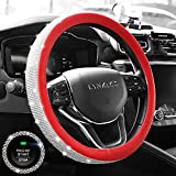 KINGMAS Diamond Leather Steering Wheel Cover for Women Girls, with Crystal Rhinestones, Universal Fit 15 Inch Car Wheel Protector (Anti-Slip) + Car Ignition Starters Ring (Red)