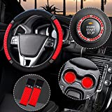 6 Pieces Steering Wheel Cover for Women Red Diamond Leather Car Seat Belt Shoulder Pads Cup Holder Insert Coasters Rhinestone Ring Sticker Emblem with Crystal Rhinestones Car Decoration