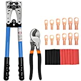 Sanuke Battery Cable wire Lug Crimping Tool for AWG 8-1/0 Electrical Lug Crimper with Cable Cutter and 12PCS Lugs Tubular Ring Terminal Connectors and 10PCS 3:1 Dual Wall Adhesive Heat Shrink Tubing