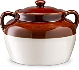 Bean Pot for Baked Beans, Chili, by Kook, Olle de Barro, Ceramic Make, Easy to Lift Lid, Large Handles, Brown and White, 5 Quarts