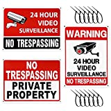 Lydia's Deal Assorted 3 Pieces No Trespassing Sign Metal Plates with Zipties, 10x7.1in. UV Printed, Weatherproof. Keep Out of Private Property, 24 Hours Security Camera Sign for Home Business.