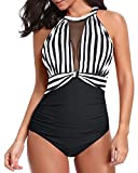 Tempt Me Women One Piece Swimsuits Black White Stripe Plunge Mesh Ruch Swimwear M