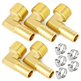 GASHER 5 Pieces Brass Hose Barb Reducer 90 Degree Elbow 3/8 Inch NPT to 3/8 Inch Barb Hose ID with 5 Hose Clam, Brass Barb Reducer SPLICER Fitting Fuel/AIR/Water/Oil/Gas/WOG