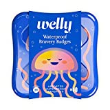 Welly Bandages - Waterproof | Adhesive Flexible Fabric Bravery Badges | Assorted Shapes for Minor Cuts, Scrapes, and Wounds | Colorful and Fun First Aid Tin | Jellyfish Patterns - 39 Count