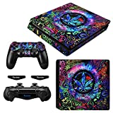 eXtremeRate Full Set Faceplate Skin Decals Stickers and 2 Led Lightbar for Playstation 4 Slim/for PS4 Slim Console & 2 Controller Decal Covers - Psychedelic Cannabis