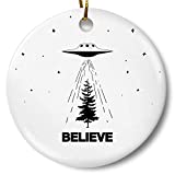 UFO Believe Paranormal Extraterrestrial Alien Christmas Tree Holiday Ornament, 3 Inch Flat Ceramic Ornament with Gift Box