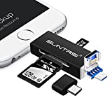4 in 1 SD Card Reader for iPhone/ipad/Android/ Mac/Camera,Micro SD Card Reader SD Card Adapter with iPhone/iPad Charging Port,Portable Memory Card Reader Trail Camera Viewer,Plug and Play(Black)