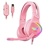 Nivava K12 USB Gaming Headset for PC, PS5, 7.1 Surround Sound PS4 Headset with Noise Cancelling Microphone, Over-Ear Headphone with Soft Memory Earpads RGB LED Lights for Computer Laptop Mac(Pink)