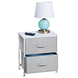 mDesign Storage Dresser End/Side Table Night Stand Furniture Unit - Small Standing Organizer for Bedroom, Office, Living Room, and Closet - 2 Drawer Removable Fabric Bins - Gray/White