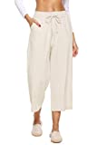 LNX Womens Linen Pants High Waisted Wide Leg Drawstring Casual Loose Trousers with Pockets (Small, Beige)