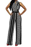 Pink Queen Womens Summer Elegant Sleeveless Loose Long Belted Jumpsuits Rompers, Black Geometric ,X-Large