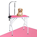LEIBOU Pet Dog Grooming Table Foldable Grooming Table Heavy Duty Iron Frame with Arm & Noose for Dog Cat Pet Grooming (32" x 18" x 30'', Pink)
