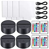 4 Pieces 3D Night LED Light Lamp Base with 4 Pieces Clear Acrylic Sheets 4 Pieces Remote Controls and 4 Pieces Charging Cables Adjustable 16 Colors 4 Modes for Child Room Bar (Square Style)