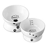 Y YHY Raised Cat Food and Water Bowl Set, Tilted Elevated Cat Food Bowls No Spill, Ceramic Cat Food Feeder Bowl Collection, Pet Bowl for Flat-Faced Cats and Small Dogs, Set of 2, White