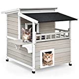 Tangkula Outdoor Cat House Wooden, 2-Story Outside Cat Shelter Condo Enclosure with Escape Door, Asphalt Roof, Balcony, Jumping Platform, Weatherproof Cat Houses for Feral Cats