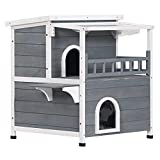 PawHut 2-Story Weatherproof Wood Cat House with Balcony Cat Shelter Condo Enclosure for Indoor & Outdoor Use Kitty House with Escape Door, Grey