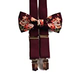 Burgundy floral bow tie roses pattern WINE elastic Y-back Suspenders Set