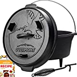 Overmont Camp Dutch Oven Pre Seasoned Cast Iron Lid Also a Skillet Casserole Pot with Lid Lifter for Camping Cooking BBQ Baking 6QT(Pot+Lid)