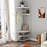 GiftGo White Corner Hall Tree with Shoe Bench Entryway Coat Rack with 10 Metal Movable Hooks Modern Freestanding Clothes Rack Shoes Shelf Organizer for Home Office Bedroom (White)