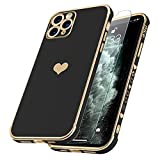 niufoey Designed for iPhone 11 Pro Max Case Cute 6.5 Inch with Tempered Glass Screen Protector,Luxury Love Heart Phone Case,Full Shockproof Protection Case for iPhone 11 Pro Max Women Black