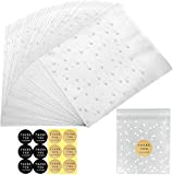 LiyuanQ 200 Pcs Halloween Clear Candy Bags, Clear Cellophane Bags Cookie Bags Self Adhesive Sealing White Dot Frosted Treat Bags with 204 Thank You Stickers for Bakery Cookies Candies (4x6 Inches)