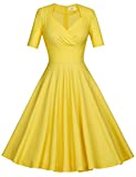 MUXXN Women's 50s Vintage Short Sleeve Pleated Swing Dress(L,Yellow)