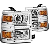DNA Motoring HL-HPL-LED-CSIL14-CH-AM Chrome Amber Halo Projector Headlights Replacement For 14-15 Silverado 1500
