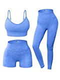 OQQ Women Yoga Outfit Seamless 3 Piece Workout Gym High Waist Leggings Shorts with Sport Bra Set Blue
