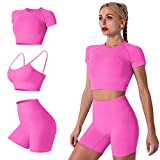 Workout Sets for Women 3 Piece Seamless High Wasit Yoga Legging Shorts with Sport Bra and Compression Shirt Crop Top Sets Sport Suits Fitness Athletic Tracksuits 3pcs-hot Pink Medium