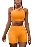 HYZ Women's Workout Yoga 2 Piece Outfits High Waist Sports Shorts Removable Padded Bra Set Orange