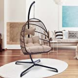 Swing Egg Chair with Stand Indoor Outdoor Wicker Rattan Patio Basket Hanging Chair with UV Resistant Cushions Aluminum Frame 350lbs Capaticy for Bedroom Balcony Patio (Brown)